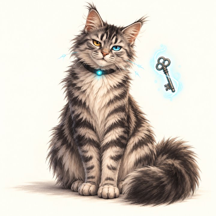 Glitch, a fluffy silver tabby with one gold eye and one blue eye, with a key floating beside him.