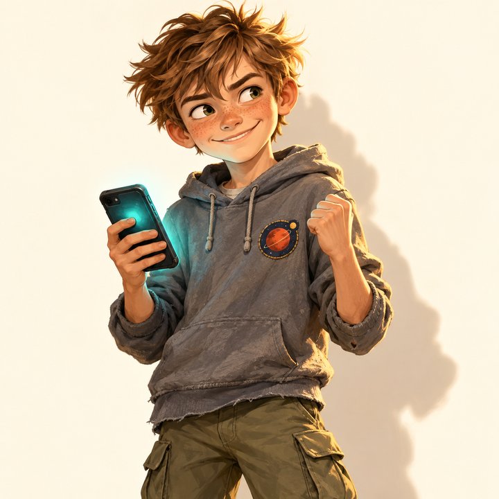Jeff, a freckled boy with messy brown hair and a grey hoodie with a Mars patch, grinning at a glowing phone.