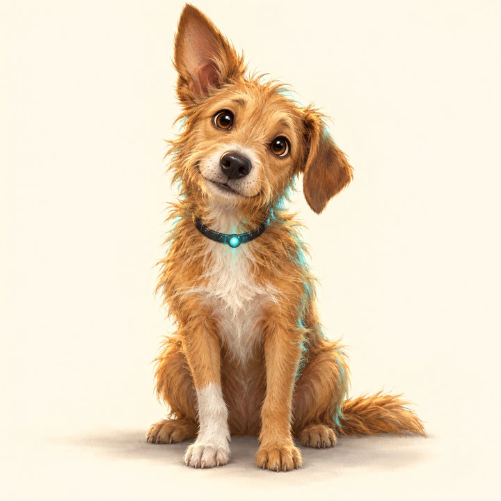 Laika, a scruffy sandy dog with one ear up and one ear down, tilting her head.