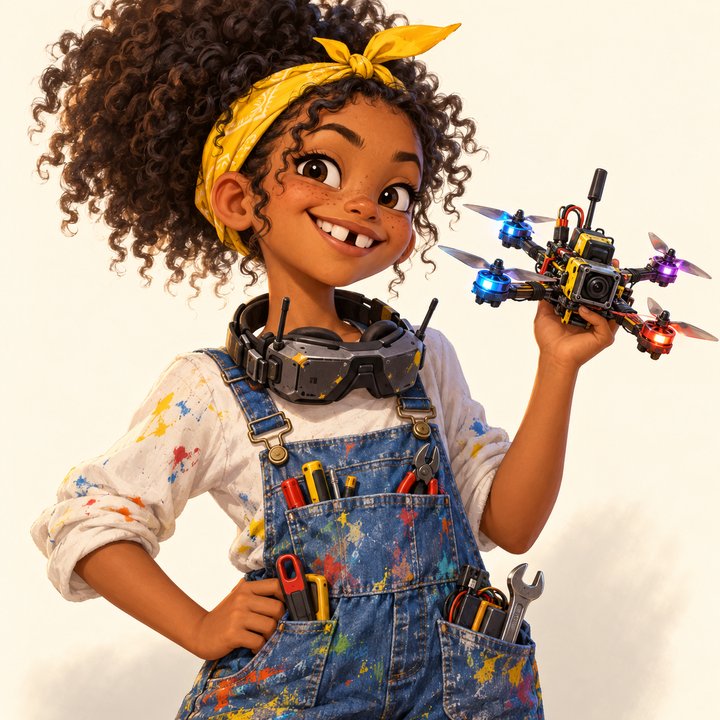 Nutella, a girl with big curly hair and a yellow bandana, holding a home-built drone.